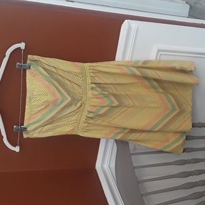 Strapless 100% cotton dress. Yellow, pink, turquoise and gray